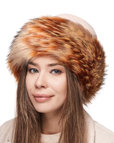 Futrzane Faux Fur Trim Hat for Women - color: Beige - Orange, size: X-Large