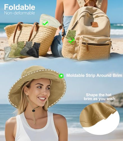 Sun Hats for Women Summer Wide Brim Waterproof Bucket Womens Hat - color: Khaki