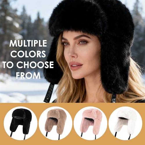 Trapper Hat with Ear Flaps - Winter Russian-Style Fur Pilot Ushanka, Windproof Skiing for Men & Women - color: Pink
