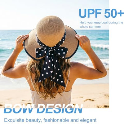 DRESHOW Sun Hats for Women Travel Fedora Foldable Beach Sun Hat Summer Wide Brim Straw Bucket Hat with Bowknot UPF 50+ - color: 1 Pack Bowknot Straw Hat: Khaki (Black Polka Dot Band)