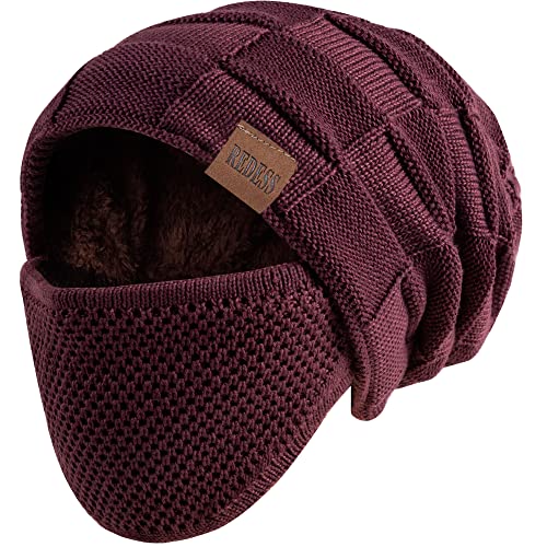 REDESS Beanie Hat for Men and Women Winter Warm Hats Knit Slouchy Thick Skull Cap with Face Cover - color: Dark Brown