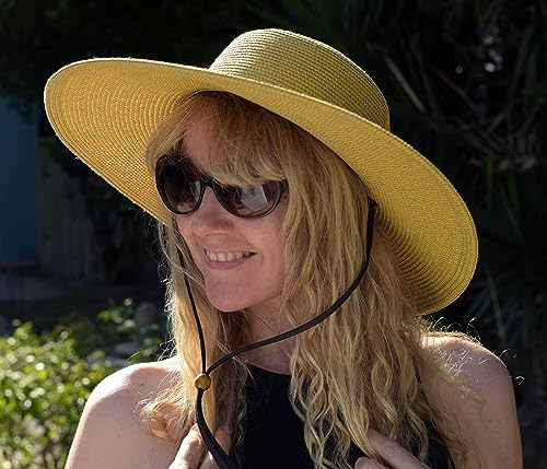 Sloggers Women's Wide Brim Braided Sun Hat with Wind Lanyard - UPF 50+ Maximum Sun Protection - color: Light Brown