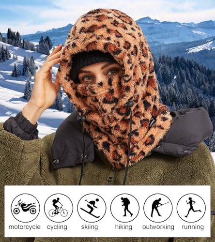 Ski Mask Balaclava Wind-Resistant Winter Face Mask for Women/Men Adjustable Warm Hood Cover Hat Cap Scarf - color: Leopard