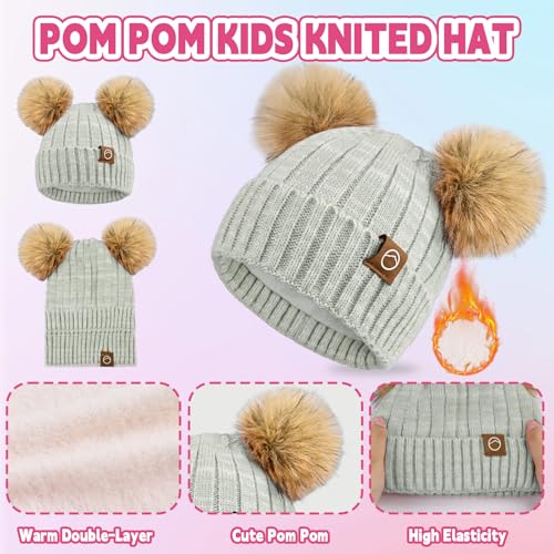 Kids Winter Hat Gloves Scarf Set Girls, Children Beanies Hats with Pom Pom - color: Grey Mix