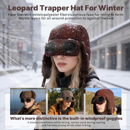 Winter Trapper Hats Leopard Aviator Hat with Goggles Earflaps Russian Trooper Pilot Cap for Men Cold Weather Ski Caps - color: Mg-lfm25121-grey
