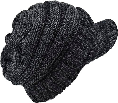 C.C Trendy Warm Oversized Chunky Soft Oversized Ribbed Slouchy Knit Hat with Visor Brim - color: Black / Charcoal