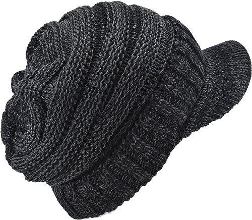 C.C Trendy Warm Oversized Chunky Soft Oversized Ribbed Slouchy Knit Hat with Visor Brim - color: Black / Charcoal