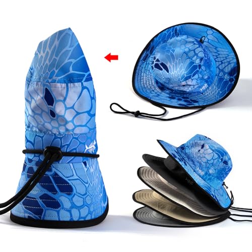 BASSDASH UPF 50+ Water-Resistant Fishing Bucket Hat with Laser Perforated Mesh Adjustable for Men Women Outdoor Hiking - color: Ocean Scales