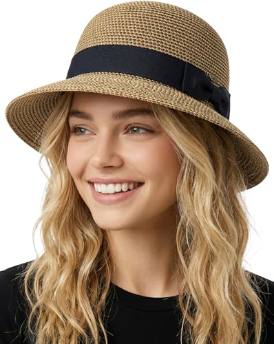 Funky Junque Foldable Wide Brim Straw Sun Hat, Packable Beach Cap - color: Brown Mix