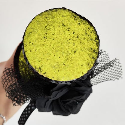 WLBON Halloween Mini Top Hat Headband 1920s Flower Sequins Hair Hoops Bands Fascinator Headpiece Hairband Women Christmas Holiday Festival Parade Cosplay Dress Up Birthday Tea Party Accessories Golden - color: Golden Tone