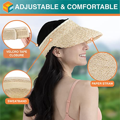 SUN CUBE Women Sun Visor Hat, Straw Beach Hat Wide Brim UV Protection, Foldable Packable Cap, Roll Up Ponytail Summer Visor - color: Brown & Cream