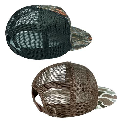BASSDASH 2 Pack Flat Brim Trucker Cap Adjustable Snapback Hat Mesh Back for Men Women Fishing Hunting - color: Autumn Forest & Color Block Camo
