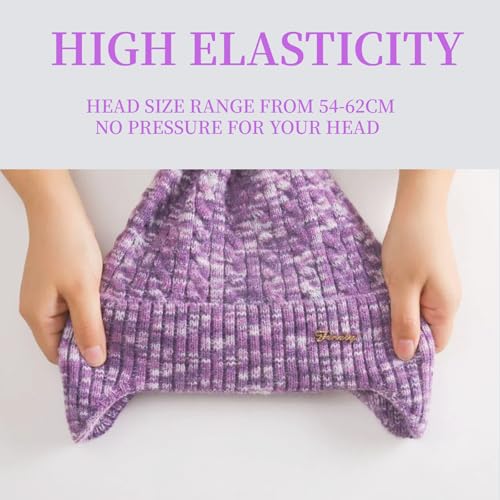 FENELY Women's Knitted Warm Beanie Winter Hat, Warm Chunky Snow Hat with Pompom - color: Purplespacedye
