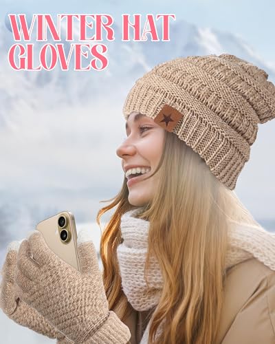 JaGely 8 Pieces Women Winter Hats and Gloves Set Women Warm Touchscreen Knitted Lined Gloves Winter Beanies - color: Black, Mixed Khaki
