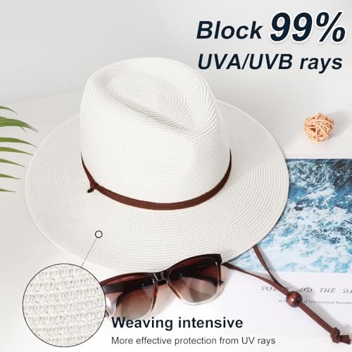 DRESHOW Womens Summer Straw Sun Hat Wide Brim Bucket Hats Fedora Hat Panama Beach Hat with Chin Strap UPF 50+ - color: 1 Pc Panama Fedora: White