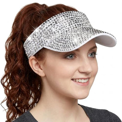 Women Shiny Rhinestone Bling Sun Visor Adjustable Tennis Beach Ponytail Hat - color: White Hat+sliver Rhinestone