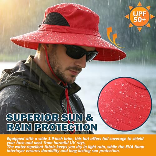 Wide Brim Sun Bucket Hat, Waterproof Boonie Hat for Men & Women - color: 01 Red