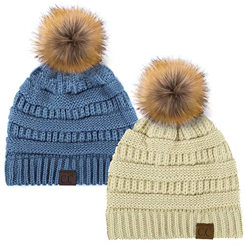 C.C Hat-43 Thick Warm Cap Hat Skully Faux Fur Pom Pom Cable Knit Beanie 2 Pack - color: Beige/Dk Denim