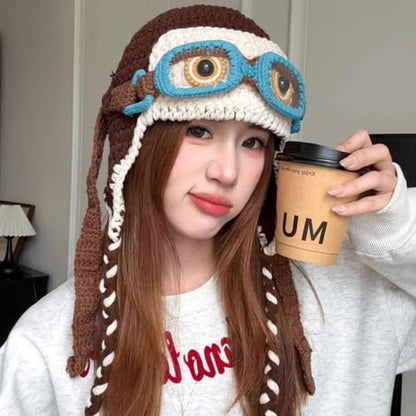 Pilot Crochet Beanie with Goggles Decoration, Knit Soft Warm Hat with Ear Flap, Knitted Winter Beanie Hat for Cosplay