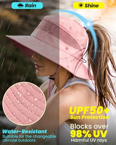 EW EastWater Beach Sun Bucket Hats for Women,UV Protection High Ponytail Hole UPF 50+ Waterproof for Hiking Safari Fishing - color: Pink