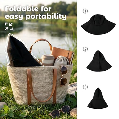 Womens Wide Brim Sun Hat UPF 50+ Foldable Bucket for Beach Travel - color: Black