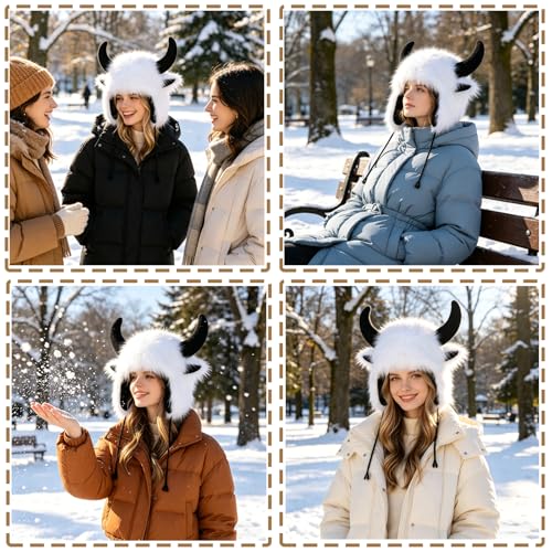 XGOPTS Winter Faux Fur Plush Hat with Horns Warm Animal Horn Ox Earflap Hat - color: White