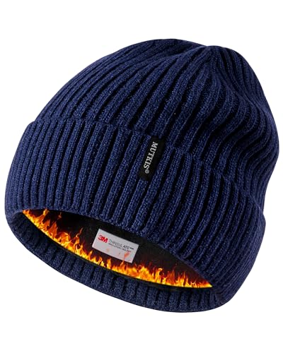Beanie Hats for Men 30% Merino Wool Knit Hat, Winter Hats for Women Thick Warm Lined, Beanie for Women Cold Weather Skull Cap - color: Navy