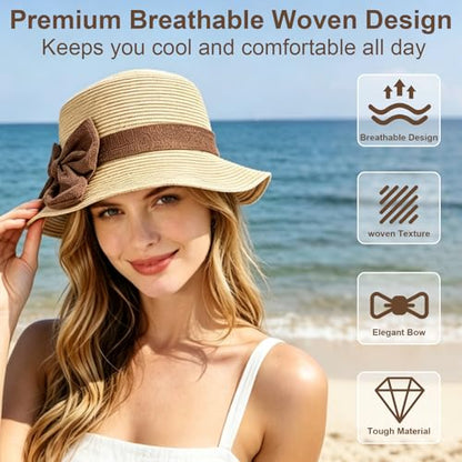 Womens Sun Straw Hat, Summer Beach Sun Hats UPF Straw Hat for Women Beige