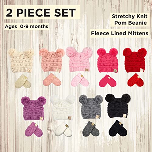 Funky Junque Baby Double Faux Fur Pom Pom Beanie & Mittens Set – Newborn Infant 0–9 Months Winter Hat with Soft Lined Mittens - color: Red (0-9 Months)