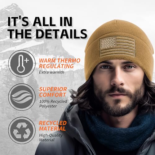 OUTDOOR SHAPING American Flag Fleece Beanie with Embroidered Patch Hat - color: Coyote Brown