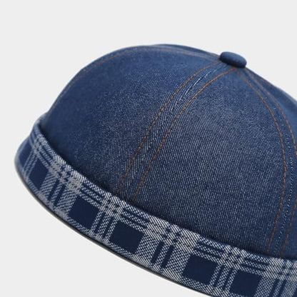 Quanhaigou Brimless Sailor Cap,Adjustable Rolled Cuff Skull Beanie Hats for Men Women - color: Plaid Denim Black