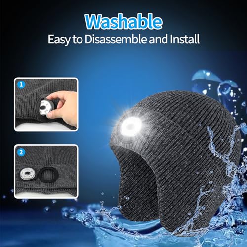 LED Beanie Hat with Light, USB Rechargeable LED Headlamp Hat, Unisex Winter Hat Warm Knitted Earflap Beanie with Night Flashlight (Dark Grey) - color: Grey Adult