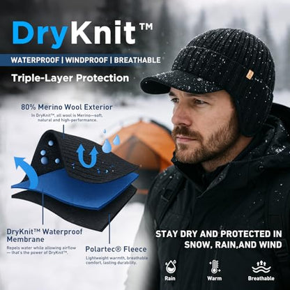 TOP-EX DryKnit™ 80% Merino Wool Waterproof Warm Brim Beanie with Ear Flaps - color: Navy, size: Medium-Large