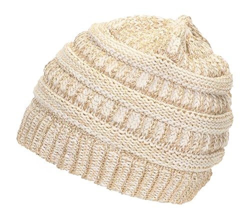 Gravity Threads Knit Soft Stretch Beanie Cap - color: Gold/Ivory