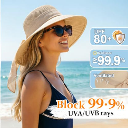 DRESHOW Sun Hats for Women Summer Wide Brim Beach Straw Hat Bowknot Bucket Hats Foldable Floppy Beach Sun Hat UPF 50+ - color: 1 Pack Bowknot Ribbon Hat: Beige
