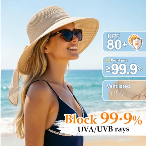 DRESHOW Sun Hats for Women Summer Wide Brim Beach Straw Hat Bowknot Bucket Hats Foldable Floppy Beach Sun Hat UPF 50+ - color: 1 Pack Bowknot Ribbon Hat: Beige