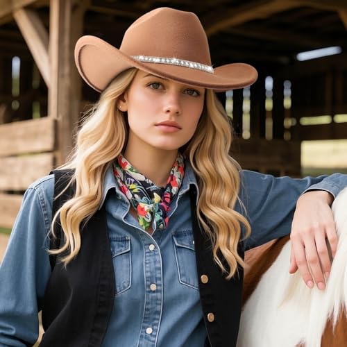 DRESHOW Western Cowboy Hat for Women and Men Wide Brim Glitter Cowboy Cowgirl Hat with Rhinestone Felt Fedora Hats - color: 1 Pack Style 10: Khaki