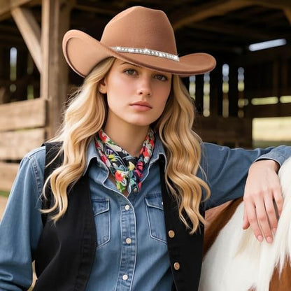 DRESHOW Western Cowboy Hat for Women and Men Wide Brim Glitter Cowboy Cowgirl Hat with Rhinestone Felt Fedora Hats - color: 1 Pack Style 10: Khaki