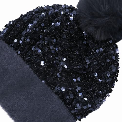 Women Sparkly Sequins Knitted Beanie Hat Warm Winter Skull Cap with Faux Fur Pom Pom - color: Dark Blue