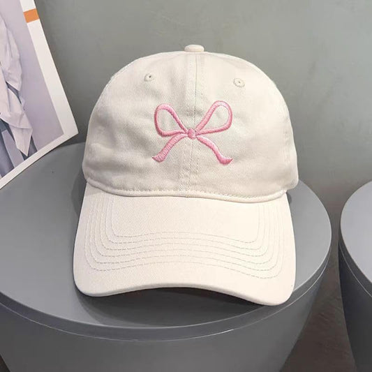 Unisex Bow Embroidery Baseball Cap Adjustable Outdoor Mom Sun Hat - color: Beige/Pink