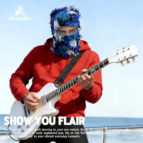 Distressed Ski Mask Balaclava, Yeat Shiesty Knitted Full-Face Mask - color: Bluewhite