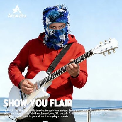 Distressed Ski Mask Balaclava, Yeat Shiesty Knitted Full-Face Mask - color: Bluewhite
