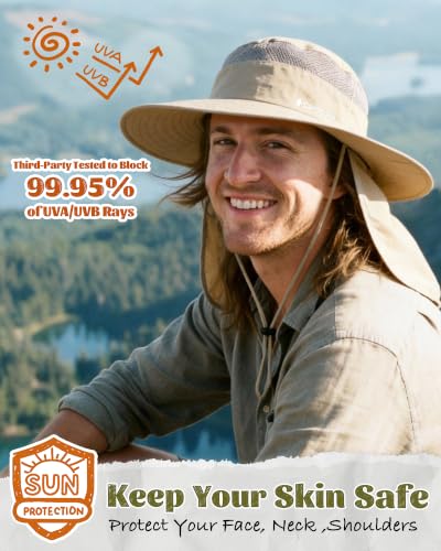 Camptrace Wide Brim Men Sun Hat with Neck Flap UPF Fishing Hiking Gardening - color: Khaki