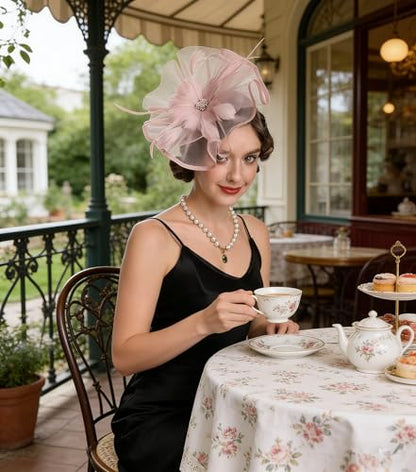 SAFERIN Fascinator for Women Hair Clip Hat Bowler Feather Flower Veil Wedding Party Hat Tea Hat - color: Ta1-pink Feather