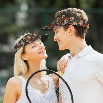 Sports Sun Visor Hat for Men Women, Adjustable Breathable Golf Tennis Cap - color: Mexican Flowers Skull