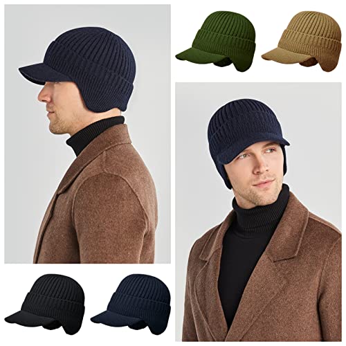 Men's Winter Hat with Brim, Warm Earflaps Hat for Men, Thick Fleece Lined Knit Winter Beanie Outdoor - color: Navy Blue