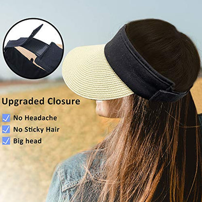 Women Straw Sun Visor Hat Wide Brim Summer UV Protection Beach Cap Foldable Packale Korean Style - color: Beige