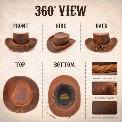 Equine Care Leather Cowboy Hat for Men & Women, Genuine Leather Western - color: Rustic Brown, size: 7 1/4-7 3/8