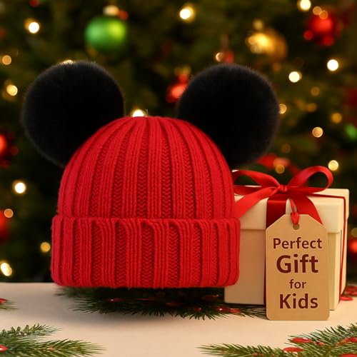 Toddler Winter Knit Hat Upgrade Fleece Lined Pompom Ears Beanies Cap for Boys Girls 3-12 Years - color: Red Black
