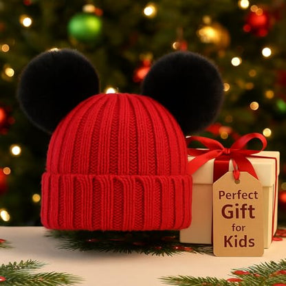 Toddler Winter Knit Hat Upgrade Fleece Lined Pompom Ears Beanies Cap for Boys Girls 3-12 Years - color: Red Black
